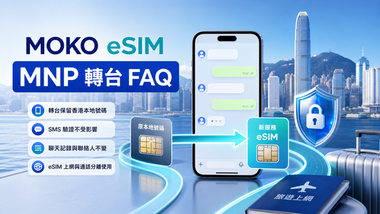 MOKO eSIM MNP 轉台 FAQ 封面，說明 WhatsApp 帳號、香港本地號碼保留與旅遊 eSIM 使用