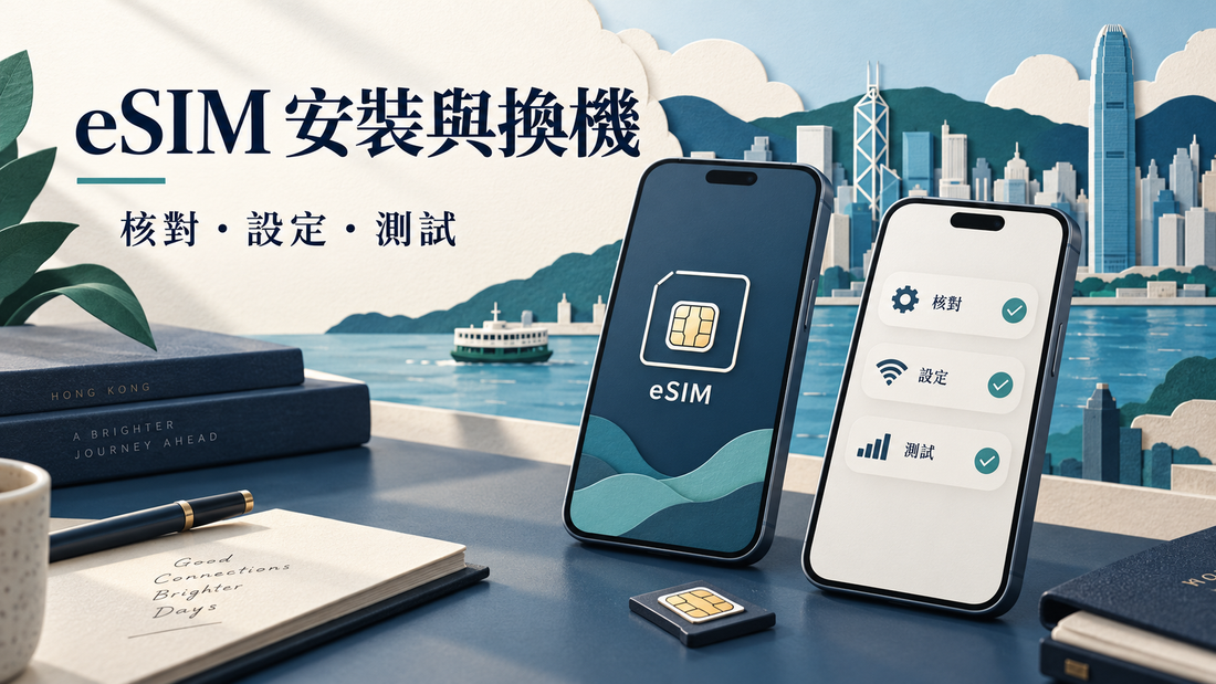 兩部手機與 eSIM 設定清單，示意安裝後核對與測試