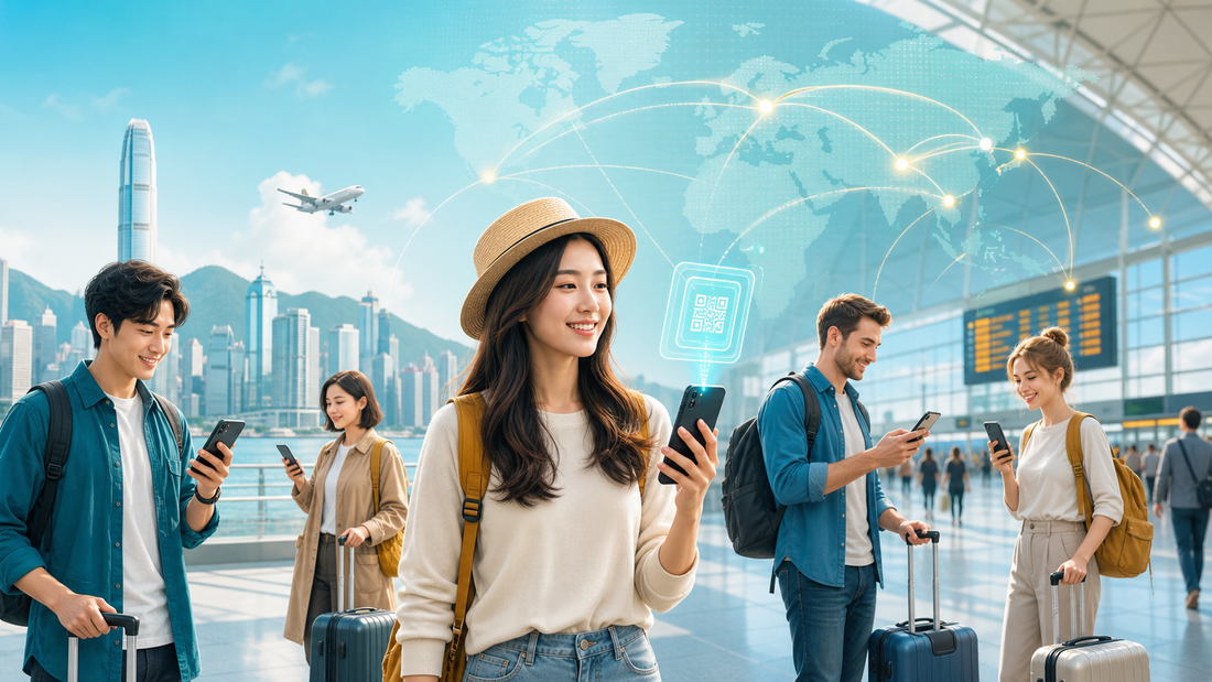 2026 後旅遊 eSIM 需求增長示意圖，展示香港用戶出發前購買 eSIM、AI 手機提示安裝和跨境漫遊場景