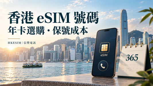 香港維港、eSIM手機與365日曆示意，介紹香港號碼年卡及保號成本