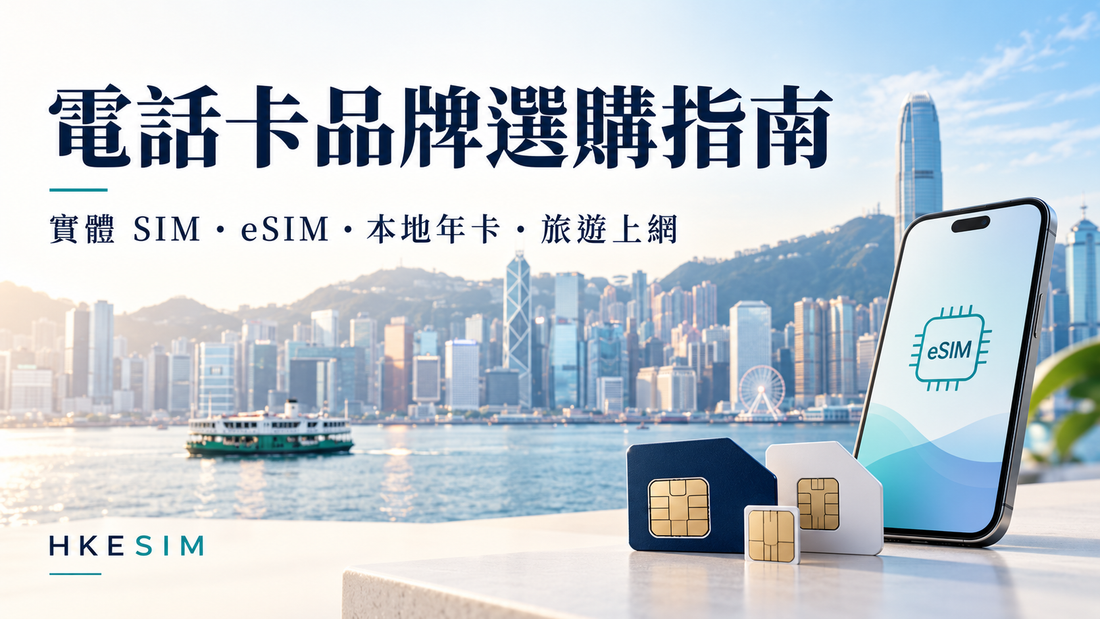 HKESIM電話卡品牌選購指南封面：香港維港背景、實體SIM卡與顯示eSIM的手機，介紹本地年卡及旅遊上網選擇。