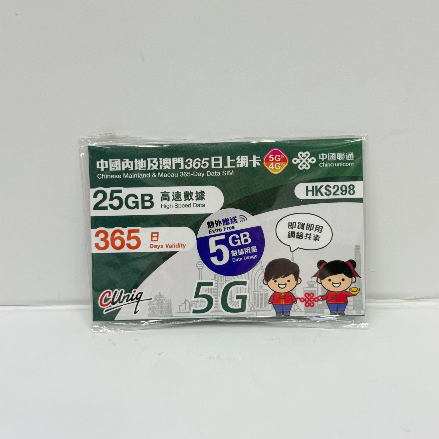 中國聯通｜中國內地及澳門 365日25GB數據卡