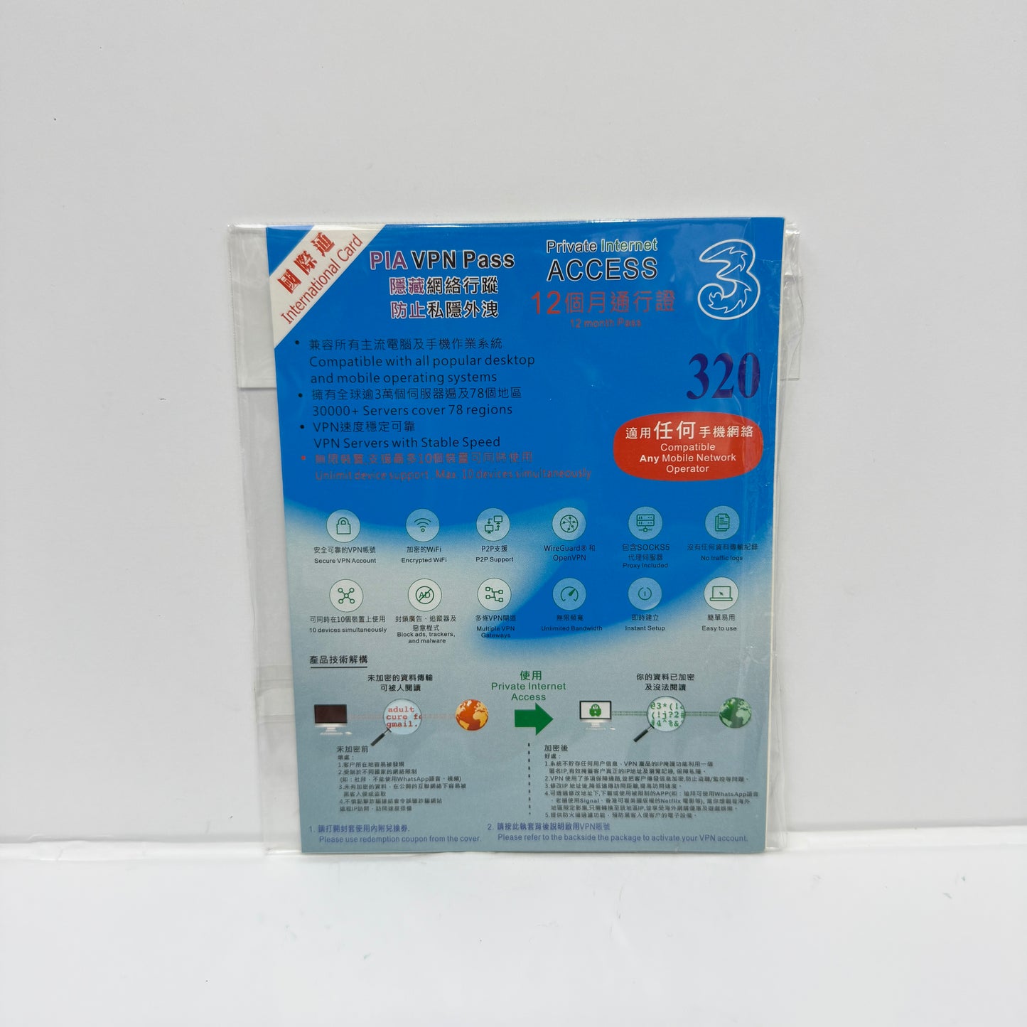 3HK香港國際通 PIA VPN -3HK PIA VPN PASS 12個月通行證 vpn賬號服務|全球ip自由切換